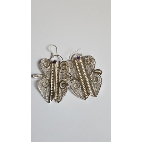 Silver earrings and pure silver filigree and amethyst Loveology, Bijuterii de argint lucrate manual, handmade