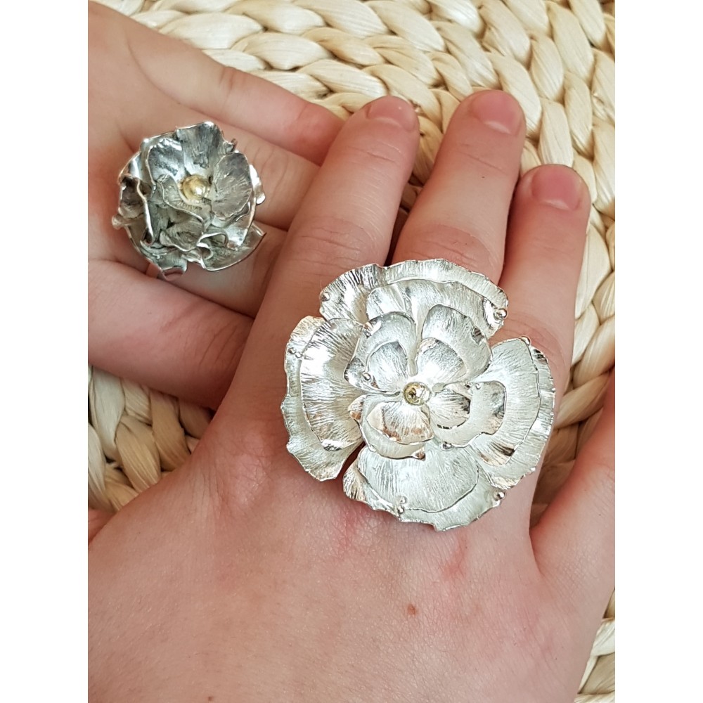 Large Sterling silver ring with 14k gold Flower Boost