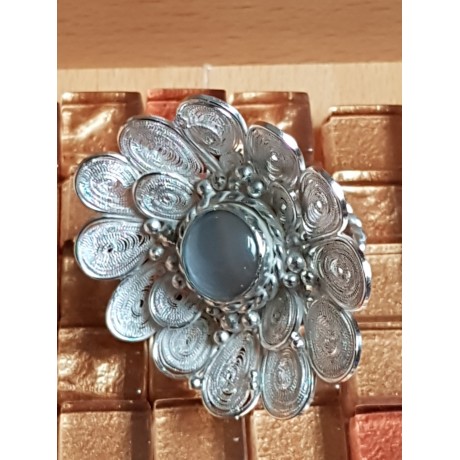Large pure filigree &Sterling silver ring with natural cat's eye stone FLOWER SAGA, Bijuterii de argint lucrate manual, handmade