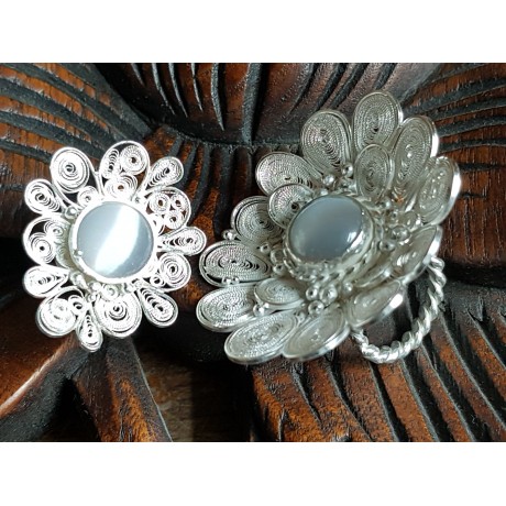 Large pure filigree &Sterling silver ring with natural cat's eye stone FLOWER SAGA, Bijuterii de argint lucrate manual, handmade