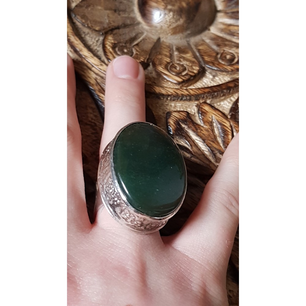 Sterling silver ring with natural green jade stone,  Bound to Green