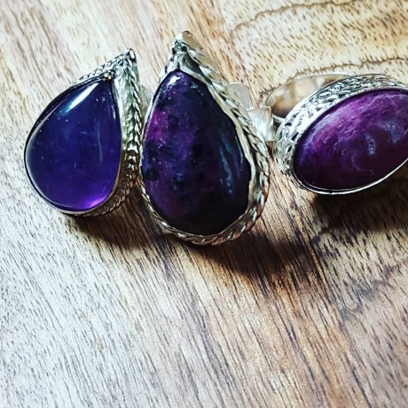 Sterling silver ringswith natural amethyst and rubies,  Mauve Showcase, Bijuterii de argint lucrate manual, handmade