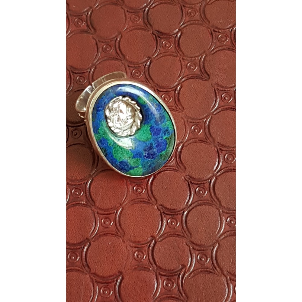 Sterling silver ring with natural azurite and malachite stone