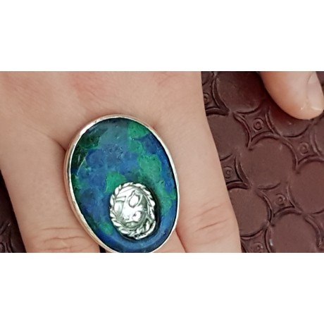 Sterling silver ring with natural azurite and malachite stone, Bijuterii de argint lucrate manual, handmade