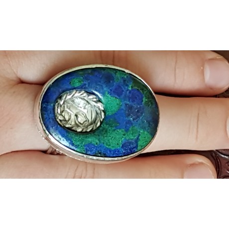 Sterling silver ring with natural azurite and malachite stone, Bijuterii de argint lucrate manual, handmade