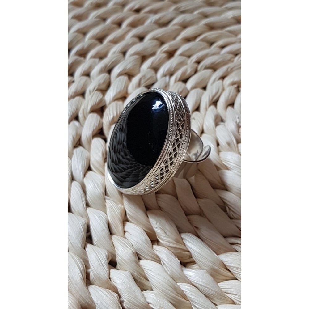 Large Sterling Silver ring with natural onyx stone Black Courtesey