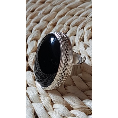 Large Sterling Silver ring with natural onyx stone Black Courtesey, Bijuterii de argint lucrate manual, handmade