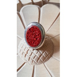 Large Sterling Silver ring with carved cinabar stone Babel Roses 