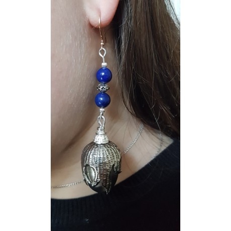Long Sterling silver earrings with natural lapislazuli stones  Fruit of Miracle, Bijuterii de argint lucrate manual, handmade
