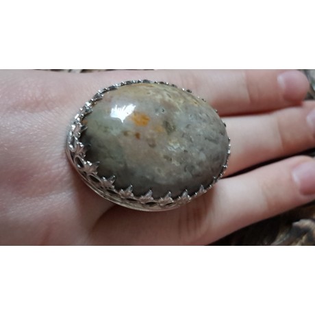 Large Sterling Silver ring with natural  marble agate stone Crowne to U, Bijuterii de argint lucrate manual, handmade