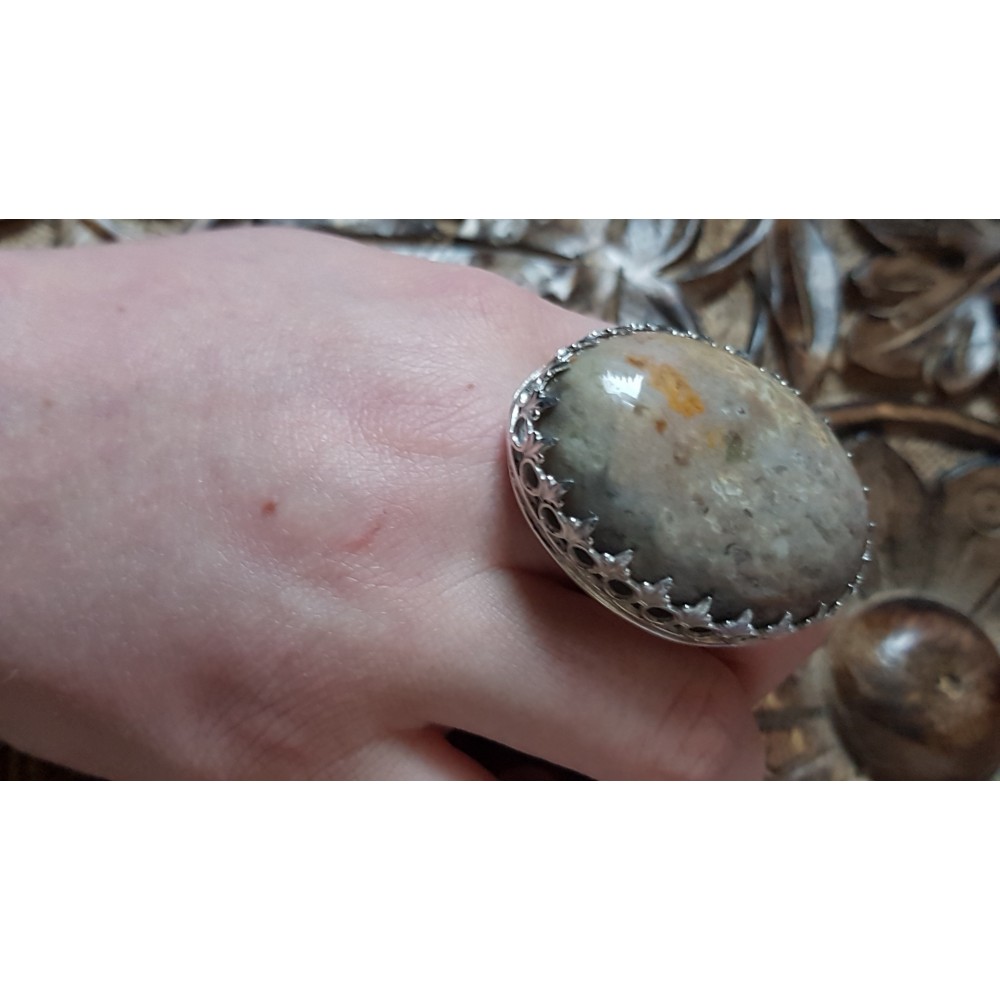 Large Sterling Silver ring with natural  marble agate stone Crowne to U