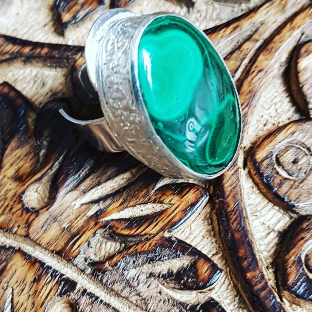 Sterling silver ring with natural malachite stone Green Prime
