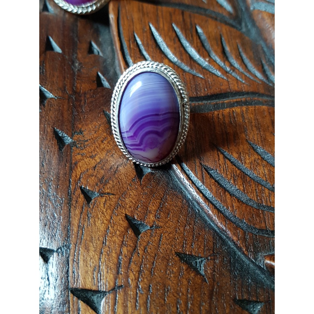 Sterling silver ring with natural agate stone Purple Streams