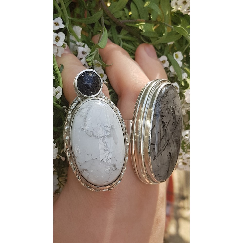 Large Sterling Silver ring with natural howlit stone Velvet Whites