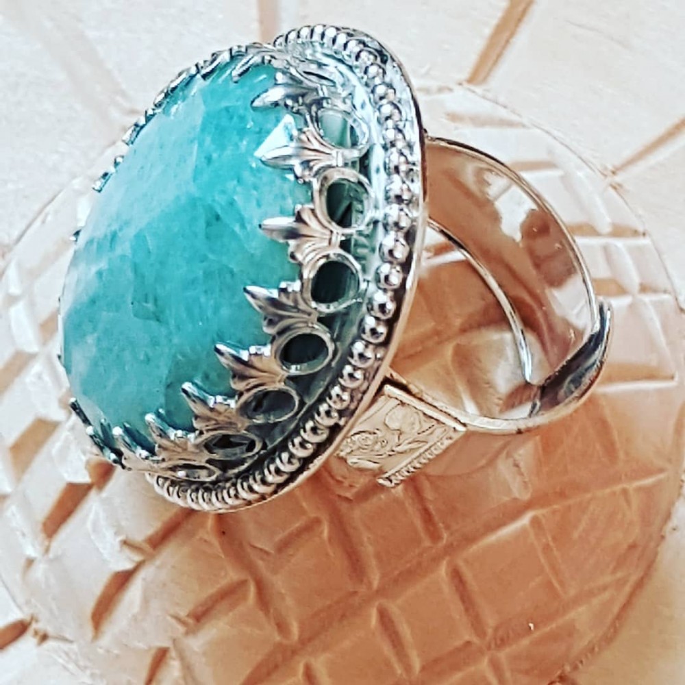 Large Sterling Silver ring with natural aquamarine stone Fine Green Swagger