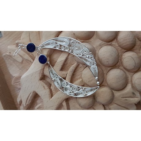 Sterling silver earrings with pure silver filigree and natural lapislazuli Manic Halves, Bijuterii de argint lucrate manual, handmade