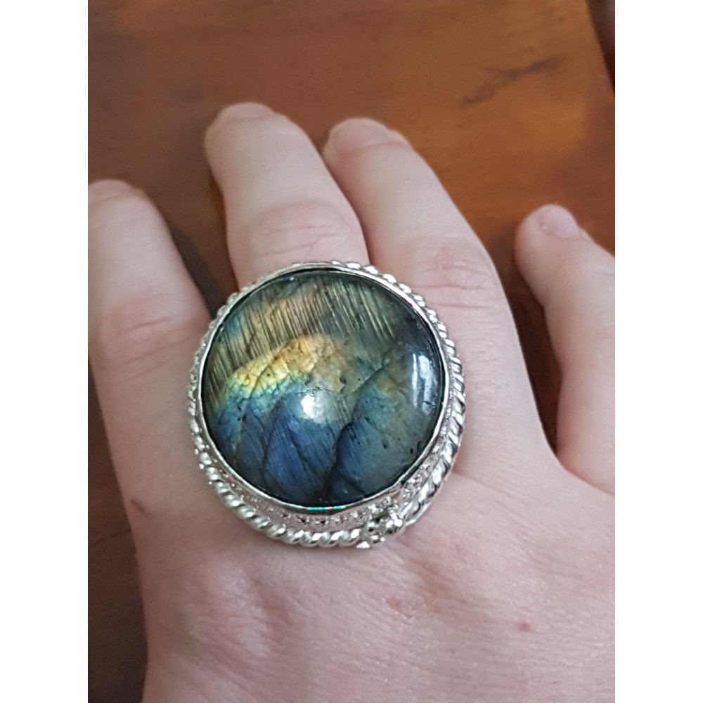 Large Sterling Silver ring with natural labradorite stone Smooth Crib