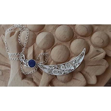 Sterling silver necklace featuring silver filigree Moon Crescent Ablaze, Bijuterii de argint lucrate manual, handmade