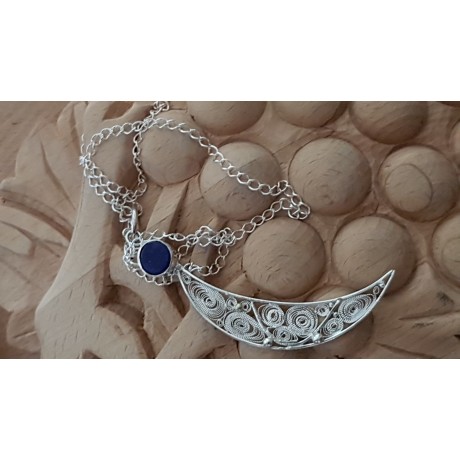 Sterling silver necklace featuring silver filigree Moon Crescent Ablaze, Bijuterii de argint lucrate manual, handmade