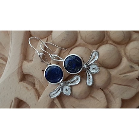 Sterling silver earrings with pure silver filigree and natural lapislazuli Laces & Mazes, Bijuterii de argint lucrate manual, handmade