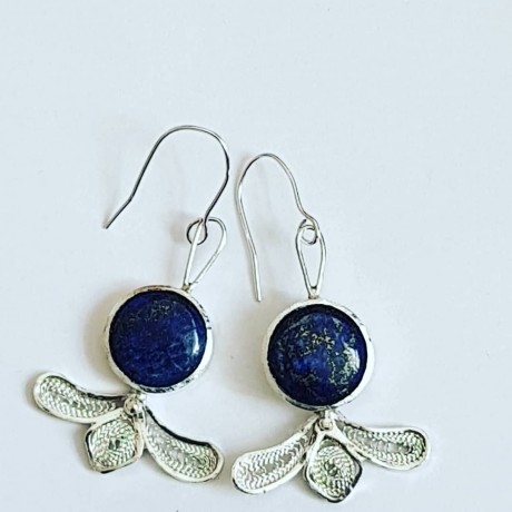 Sterling silver earrings with pure silver filigree and natural lapislazuli Laces & Mazes, Bijuterii de argint lucrate manual, handmade
