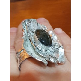 Large Sterling Silver ring with natural labradorite stone Flower Prime 