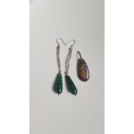 Sterling silver earrings with natural malachite stones GreenSaint, Bijuterii de argint lucrate manual, handmade