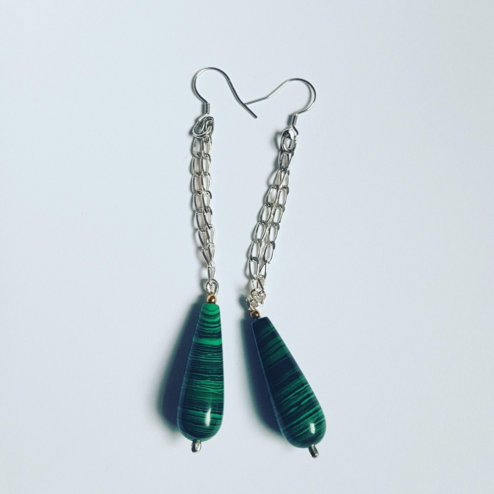 Sterling silver earrings with natural malachite stones GreenSaint