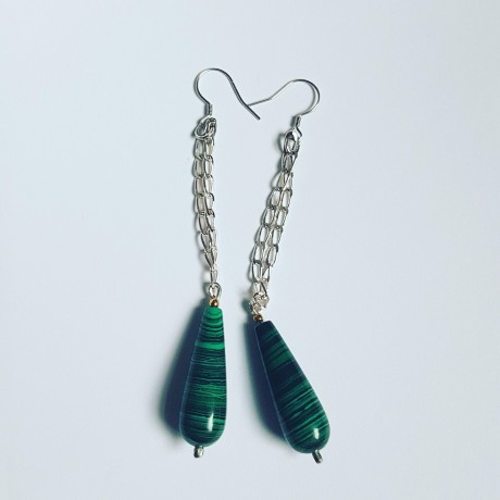 Sterling silver earrings with natural malachite stones GreenSaint, Bijuterii de argint lucrate manual, handmade