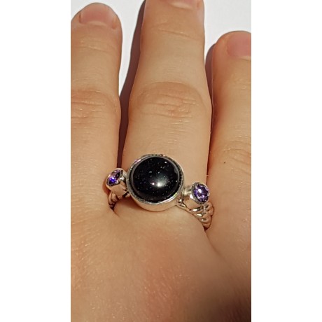 Sterling silver ring with natural amethyst and black goldstone Peaky Picky, Bijuterii de argint lucrate manual, handmade