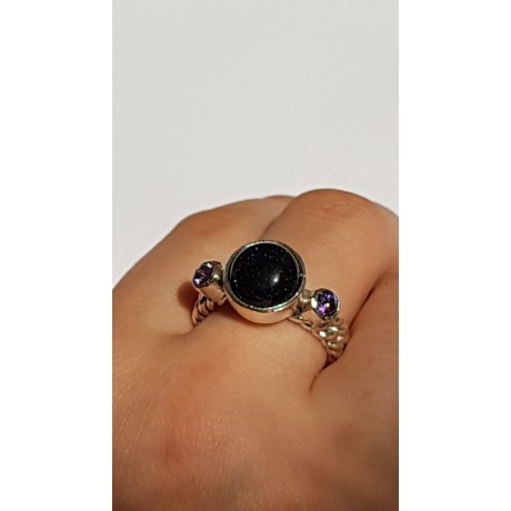 Sterling silver ring with natural amethyst and black goldstone Peaky Picky, Bijuterii de argint lucrate manual, handmade