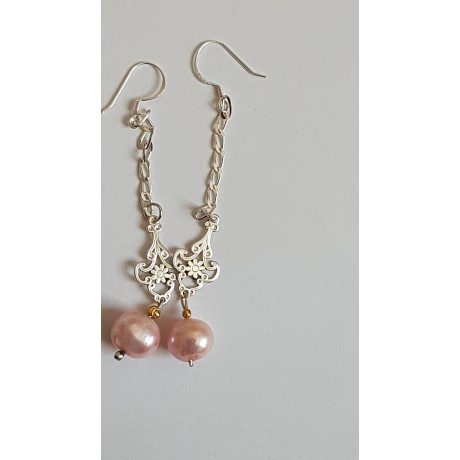 Sterling silver earrings with pink pearls Rosy Sways, Bijuterii de argint lucrate manual, handmade