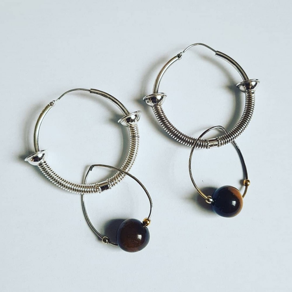 Silver earrings #sterling Ag925 with natural tiger eyes Summer Dice