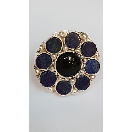 Large Sterling Silver ring with natural onyx stone and lapislazuli Flower Climax, Bijuterii de argint lucrate manual, handmade