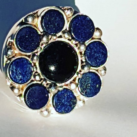Large Sterling Silver ring with natural onyx stone and lapislazuli Flower Climax, Bijuterii de argint lucrate manual, handmade