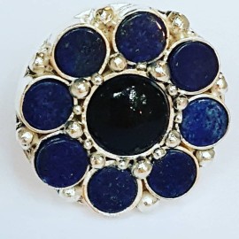 Large Sterling Silver ring with natural onyx stone and lapislazuli Flower Climax