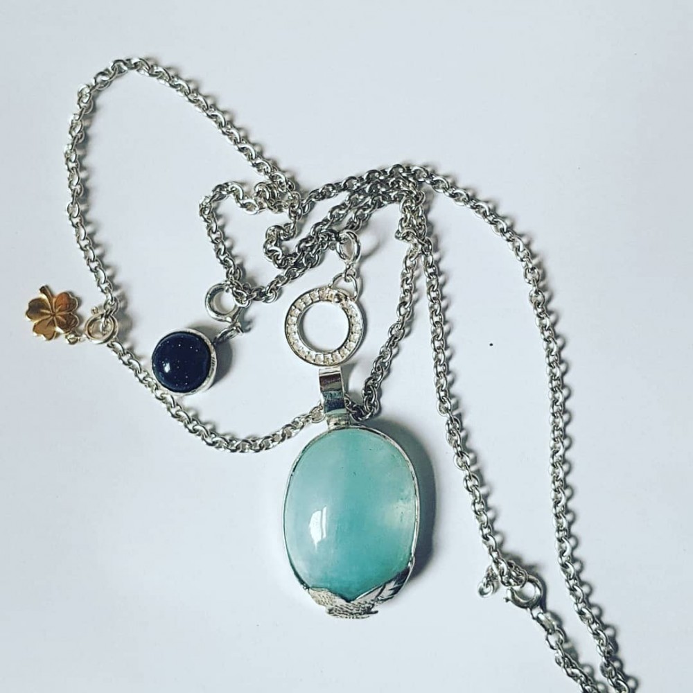 Large Ag925 pendant with natural blue Opal and Opalescence silver accessories