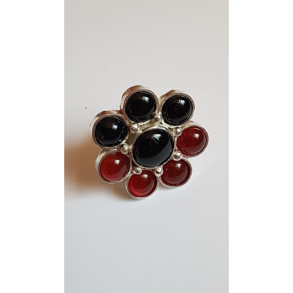 Large Sterling Silver ring with natural onyx stone and carnelian Rouge et Noir Savoir