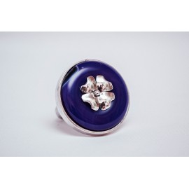 Sterling silver ring with round purple agate with silver clover, engraved, handmade & and handcrafted