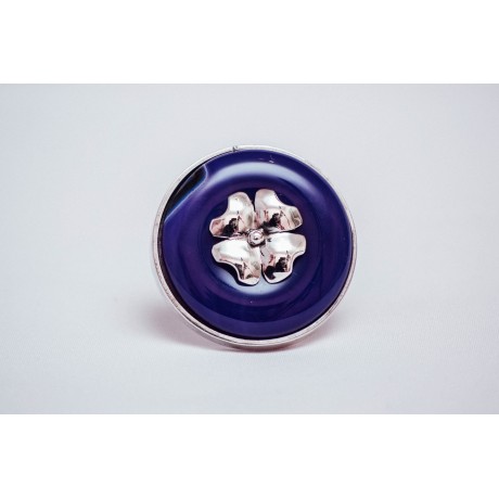 Sterling silver ring with round purple agate with silver clover, engraved, handmade & and handcrafted, Bijuterii de argint lucrate manual, handmade