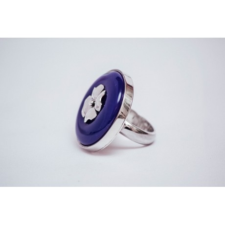 Sterling silver ring with round purple agate with silver clover, engraved, handmade & and handcrafted, Bijuterii de argint lucrate manual, handmade