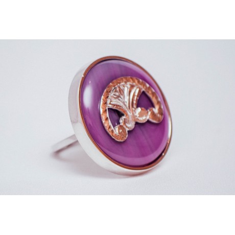 Sterling silver ring with round, pink-purplish agate, handmade &handcrafted, Bijuterii de argint lucrate manual, handmade