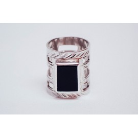 Sterling silver ring with rectangular black onyx, engraved, handmade& handcrafted