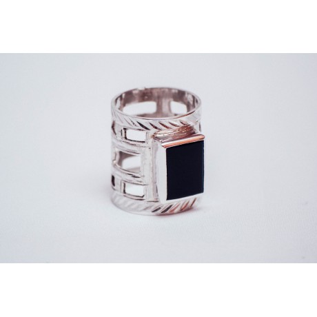 Sterling silver ring with rectangular black onyx, engraved, handmade& handcrafted, Bijuterii de argint lucrate manual, handmade