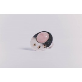 Sterling silver ring with gold and round cabochon pink quartz , handmade& handcrafted