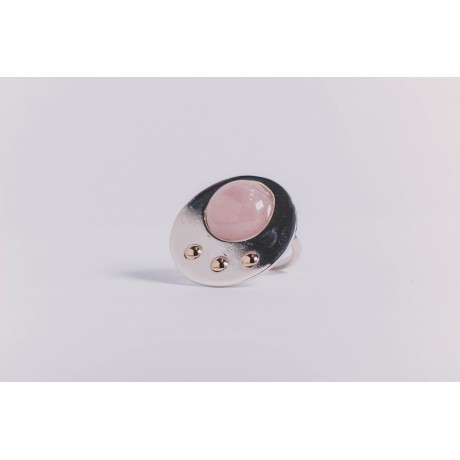 Sterling silver ring with gold and round cabochon pink quartz , handmade& handcrafted, Bijuterii de argint lucrate manual, handmade