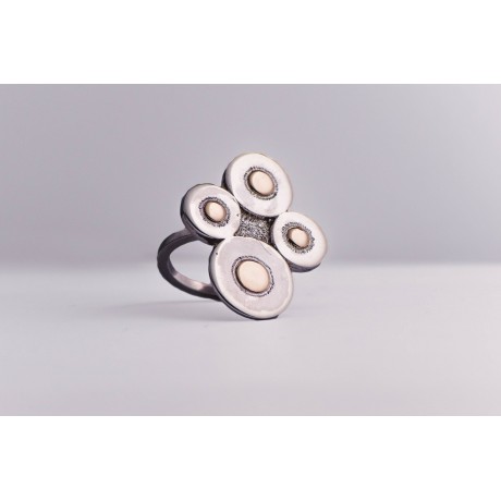 Sterling silver ring with four silver rounds and four gold rounds, handmade & handcrafted, Bijuterii de argint lucrate manual, handmade