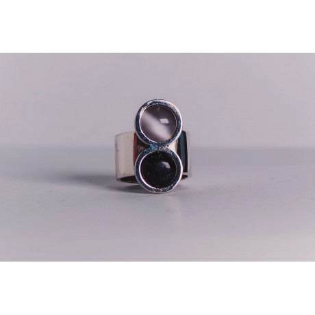 Wide sterling silver ring with milky grey cat’s eye stone and deep violet cat’s eye stone, handmade& handcrafted, Bijuterii de argint lucrate manual, handmade