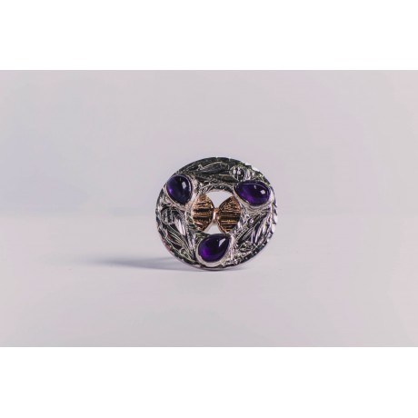 Sterling silver ring, with three teardrop-shaped amethyst stones, 14 k gold, engraved, handmade& handcrafted, Bijuterii de argint lucrate manual, handmade