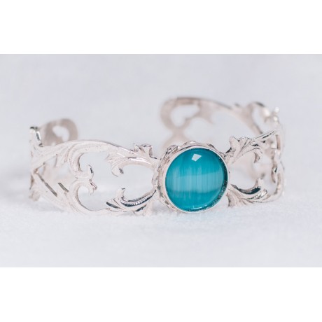 Sterling silver bracelet with light blue cat’s eye stones, Bijuterii de argint lucrate manual, handmade